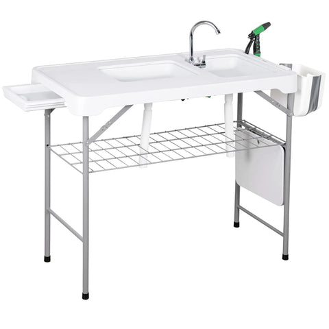 Dual Sink Fish Cleaning Table For Camping And Picnics, 42.5 Inch Portable Folding Fish Station With Foldable Faucet, White