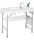 Dual Sink Fish Cleaning Table For Camping And Picnics, 42.5 Inch Portable Folding Fish Station with storage box and grid rack