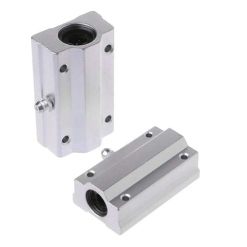 1 Piece Linear Bearing Set SCS8LUU SCS10LUU 8mm Or 10mm Length For CNC Machines, 3D Printers, And Precision Tools, Ultra Smooth Low Friction Guide Blocks With Lightweight Housing And Durable Steel Balls, High Rigidity. Two silver linear bearing blocks, one upright and one horizontal.