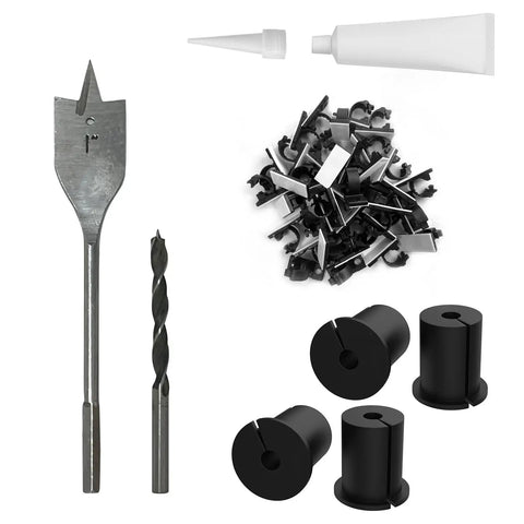 All In One Satellite Internet Cable Routing Kit with wall grommets, drill bit, adhesive clips and wire clips for installation