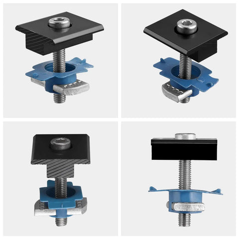 10 Pack Solar Panel Mid Clamps For Unistrut Aluminum Mounting Brackets 30mm And 35mm Fits Metal Tin Flat Sheet Roofs Black Easy Install DIY Friendly For Quick Solar Array Setup shown in detailed parts view.