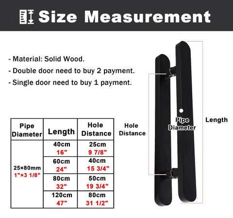 Two Sided Solid Wood Glass Door Handle Kit Rustic Sliding Barn Style Modern Push Pull Door Handle Set For Indoor Outdoor Use Dope Black Finish 16 Inch 40 Cm size chart, black solid wood handles