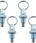 Heavy Duty Four Pack Carbon Steel Spring Plunger With Pull Ring M10x1.5 Retractable Indexing Pin set on white background.