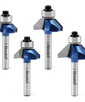 Rock Solid 45 Degree Chamfer Router Bit Set With 1/4 Inch Shank featuring four precision blue bits for clean decorative cuts.