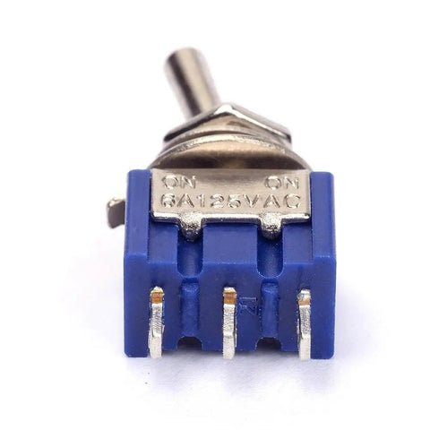 AC125V 6A SPDT On On Toggle Switch with 3 terminals, blue base and metal lever, 6mm thread, for DIY electronics projects