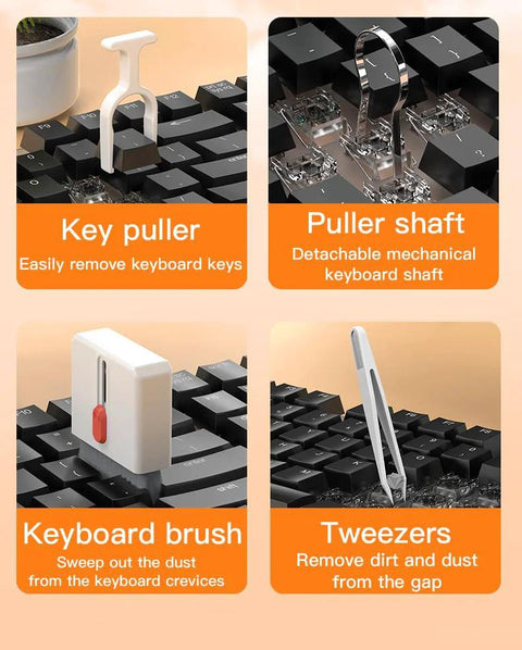 Electronics cleaning kit by Amazon, black with key puller, puller shaft, keyboard brush, and tweezers on a keyboard.