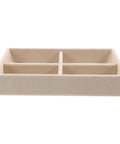 Beige Velvet Jewelry Display Tray With Four Grids And Sturdy Wooden Lid For Ring Bracelet Earring Storage Stackable Vanity Organizer, flat view.
