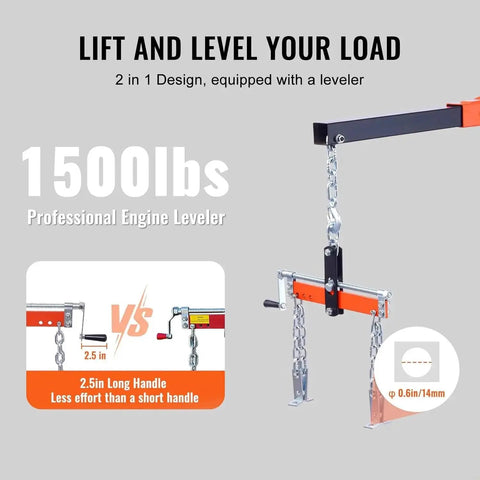 Heavy Duty Folding Shop Crane With Chain Ratchet Lever And Six Swivel Casters For Precision Engine Lifting Up To 1500 Lbs Capacity showing engine leveler with 2.5 in long handle and chain.
