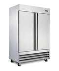 Heavy Duty 47 Cubic Foot Commercial Upright Freezer Double Door Stainless Steel Reach In Unit with wheels for easy movement.