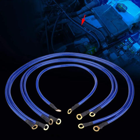 Universal Car Grounding Kit With PVC Ground Wires Set Includes 2 100cm Cables, 2 80cm Cables, And 1 60cm Cable shown in engine bay