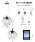 Globe Pendant Lights Set of 3 Hand Blown Glass With Clear Seeded Bubbles showing compatible bulbs, 7.4 Inch Diameter.