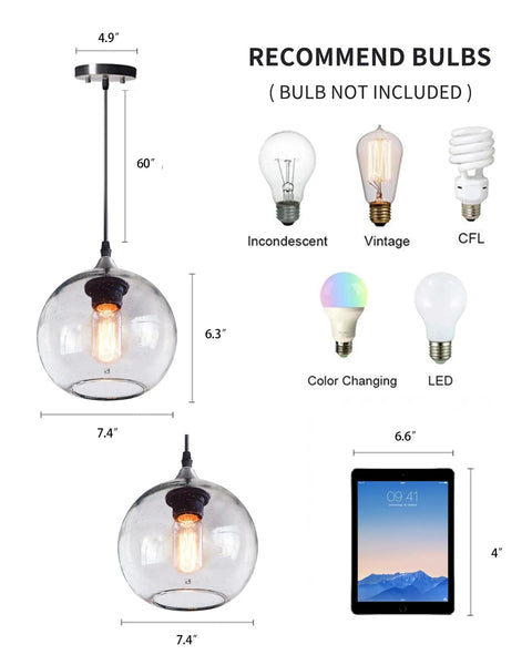 Globe Pendant Lights Set of 3 Hand Blown Glass With Clear Seeded Bubbles showing compatible bulbs, 7.4 Inch Diameter.