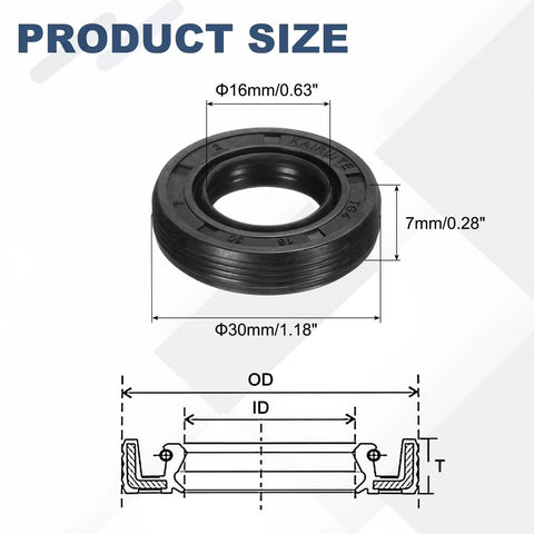 Oil Seal 16x30x7mm TC Nitrile Rubber Double Lip Seal With Hook Kit And Spring For Mechanical Auto Bearing Shaft 2 Pack Black size diagram