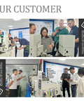 Group of customers examining the Dead-On Automatic Cable And Wire Cutting Stripping Machine With Slick Touchscreen Interface.