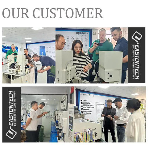 Group of customers examining the Dead-On Automatic Cable And Wire Cutting Stripping Machine With Slick Touchscreen Interface.