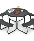Round Outdoor Picnic Table For Eight With Built In Benches, Umbrella Hole, Sturdy Metal Frame And HDPE Top, backyard party ready