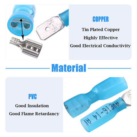 100-Piece Fully Insulated Spade Terminal Kit For DIYers With Nylon Heat Shrink Waterproof Quick Disconnects, Copper and PVC materials
