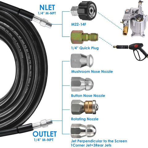 Heavy Duty Sewer Jetter Kit For Pressure Washers, 100 Ft Hose, 5800 PSI Drain Cleaner With One Quarter Inch NPT components