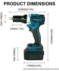Slick Cordless Automatic Riveter Packed With Rugged 5.2Ah Battery Portable Electric Rivet Gun Kit dimensions displayed on a measuring graphic.