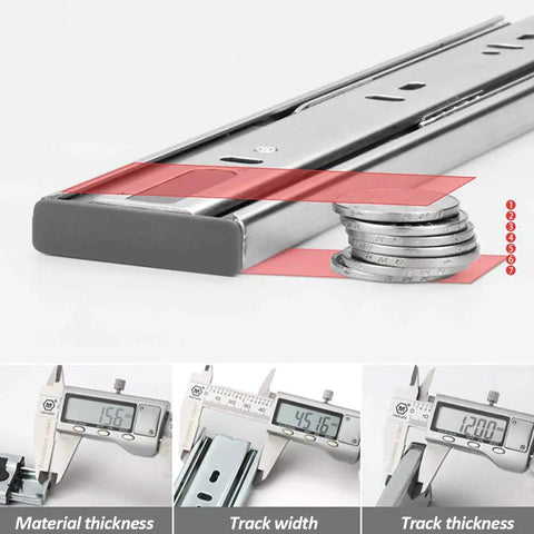 Beefy Stainless Steel Drawer Slides With Soft Close And Full Extension, image showing thickness and width measurements.