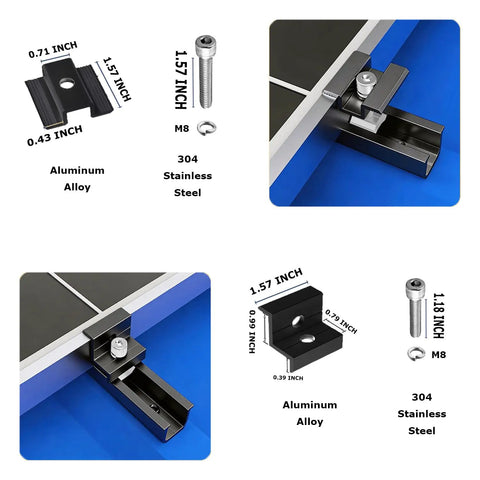Solar Panel Mounting Brackets Roof Kit With Rails And Clamps For 1.18 To 1.38 Inch Panel Thickness, aluminum alloy components.
