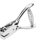 One Slot Badge Punch For ID Cards, Grab And Go Handy Metal Slot Puncher with 15mm by 3mm hole, close-up of chrome finish and spring