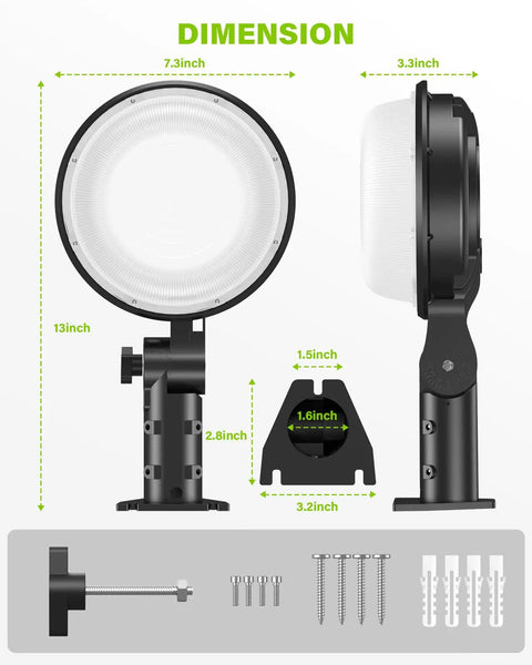 Go To 150W LED Barn Light Dusk To Dawn Outdoor Flood Light With Photocell dimensions, front and side view, accessories included.