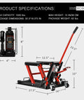 Heavy Duty Hydraulic Motorcycle Lift Jack Up To 1500 Lbs Portable Steel ATV Lift Stand With Wheels And Handle Great For Motorcycles Dirt Bikes And ATVs Red, side view with dimensions and handle visible
