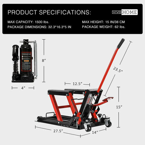 Heavy Duty Hydraulic Motorcycle Lift Jack Up To 1500 Lbs Portable Steel ATV Lift Stand With Wheels And Handle Great For Motorcycles Dirt Bikes And ATVs Red, side view with dimensions and handle visible
