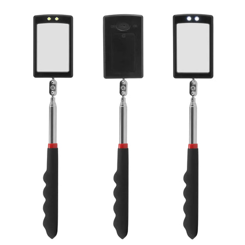 Pro Grade Telescoping Inspection Mirror With Dual LED Lights, 34 Inch Extendable Reach And 360 Degree Swivel, front and back view