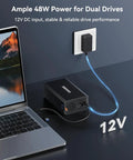 Dual Bay Raid Enclosure For 2.5 And 3.5 In Sata Hdd Ssd Aluminum External Dock With Fast Usb 3.0 Port connected to a laptop.