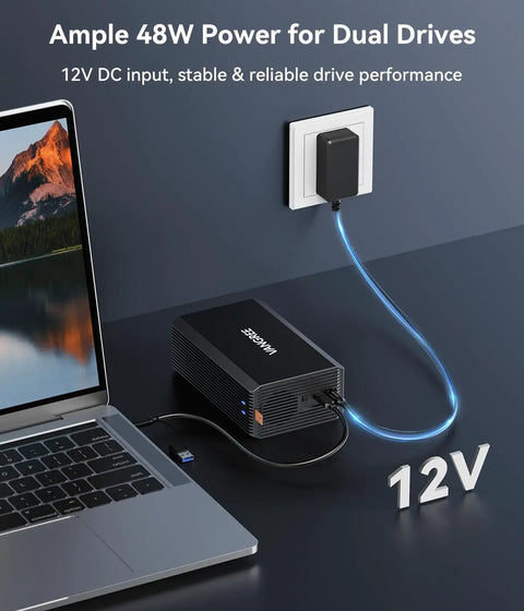 Dual Bay Raid Enclosure For 2.5 And 3.5 In Sata Hdd Ssd Aluminum External Dock With Fast Usb 3.0 Port connected to a laptop.