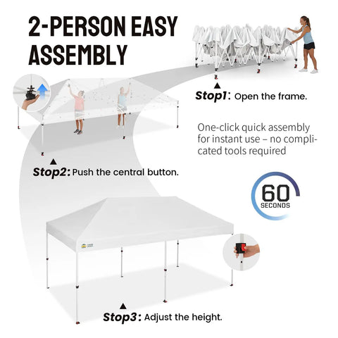 Illustration of Pop Up Canopy Tent 10x20 Instant Outdoor Shelter assembly steps.