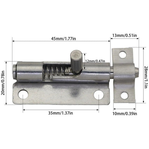 Stainless Steel Retractable Spring Push Latch Set With Left And Right Mount, Pin Style Latches, 45mmx28mm dimensions.