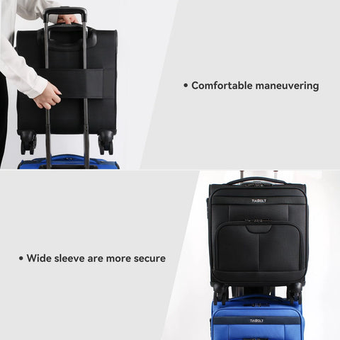 TIAWOLT 16-inch underseat luggage with wheels and TSA lock; black, stacked with blue carry-on (two suitcases).