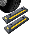 2 Pack Rubber Parking Blocks With Reflective Stripes Heavy Duty Garage Wheel Stoppers next to a car tire