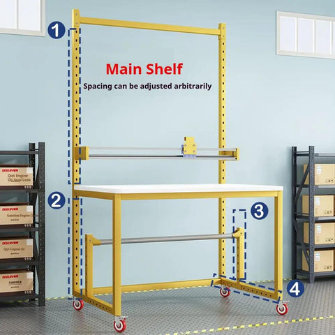 Hardcore Two In One Industrial Packing Station With Smooth As Butter Glide Cutter And Heavy Duty Bubble Wrap Dispenser Workbench detail with adjustable main shelf and heavy-duty frame.