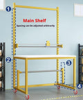 Heavy Duty Rolling Workbench With Smooth Rollin Caster Wheels And Adjustable Standing Height For Warehouses And Couriers, showing adjustable main shelf and sturdy steel frame.