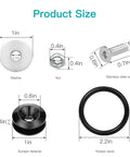 Diagram showing sizes of components from Universal Car Bumper Quick Release Kit with 4 Black Release Tabs and 12 O Ring Fasteners