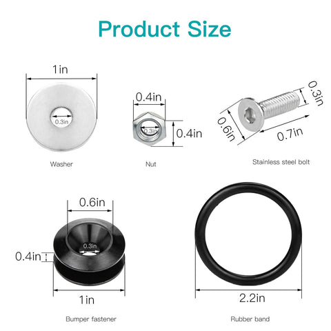 Diagram showing sizes of components from Universal Car Bumper Quick Release Kit with 4 Black Release Tabs and 12 O Ring Fasteners