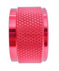 Side view of a red aluminum rotary potentiometer knob, part of a five pack for 0.23 inch shaft, 0.98 inch diameter, 0.61 inch tall.
