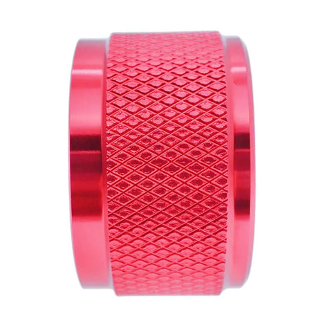 Side view of a red aluminum rotary potentiometer knob, part of a five pack for 0.23 inch shaft, 0.98 inch diameter, 0.61 inch tall.