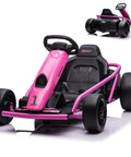 Front and rear view of pink Ride On Go Kart For Kids With 24V 9Ah Battery Dual 300W Motors 8 MPH Fast Drifting Circuit Car Electric Ride On Toy.