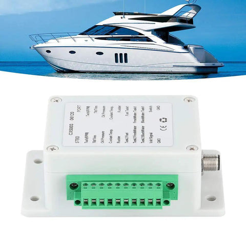 Plug And Play NMEA2000 Converter For Boats And Yachts shown with yacht in background, IP67 Waterproof Sensor Signal Converter.