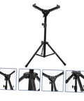 Rock Solid 12 Inch Adjustable Folding Drum Rack With Black Snare Stand And Smooth Height Adjustments For All Percussion Gear, shown from various angles.