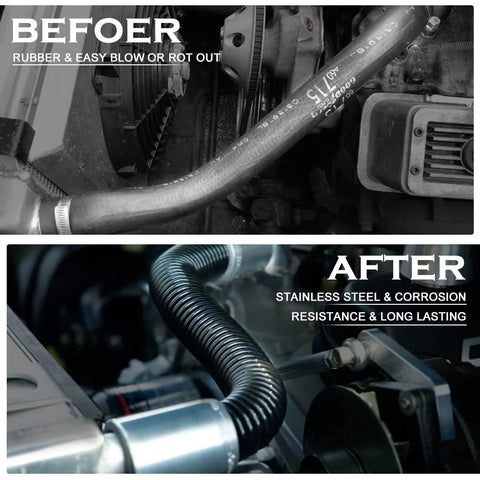 48-inch stainless steel braided radiator coolant hose kit in black with 4 clamps installed in the engine bay