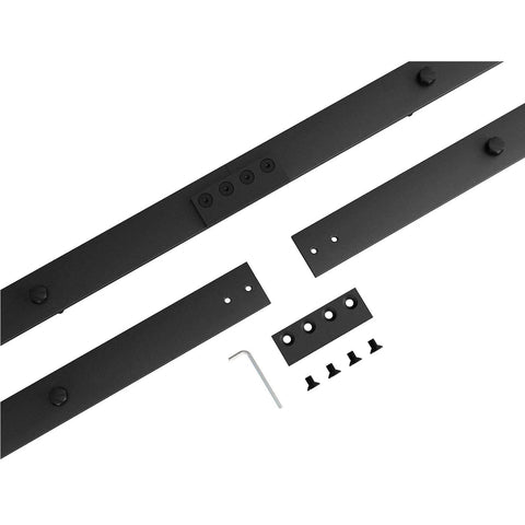 Beefy Heavy Duty Sliding Barn Door Hardware Kit For Double Doors Quiet Stable Monorail Rail System Bypass Sliding Kit With Carbon Steel Rails And Stainless Steel Bearings Load Capacity 150 Kilograms components including rails and screws.