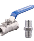 Stainless Steel Ball Valve One Quarter Inch NPT Standard Port One Piece Serviceable With Female To Female Threads Blue Vinyl Insulated Handle 304