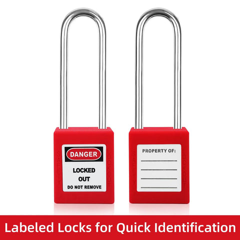 Front view of red lockout tagout padlocks from Red Lockout Tagout Padlock Set, 5 Piece Safety Locks Keyed Differently, OSHA Compliant Electrical Lockout Kit With 2 Keys Each, Lightweight Nylon Body Locks For Industrial Safety, showing labels.