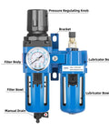 Three Quarters Inch NPT Air Filter Regulator Lubricator Combo with water and oil trap, 0 to 150 psi gauge, poly bowl, manual drain